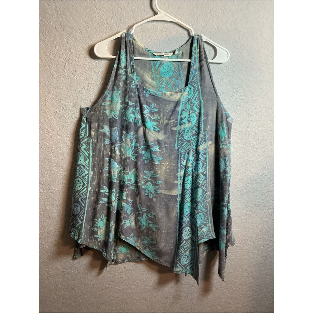 Soft Surroundings Gray Tank with Teal Floral & Geometric Print Beach.